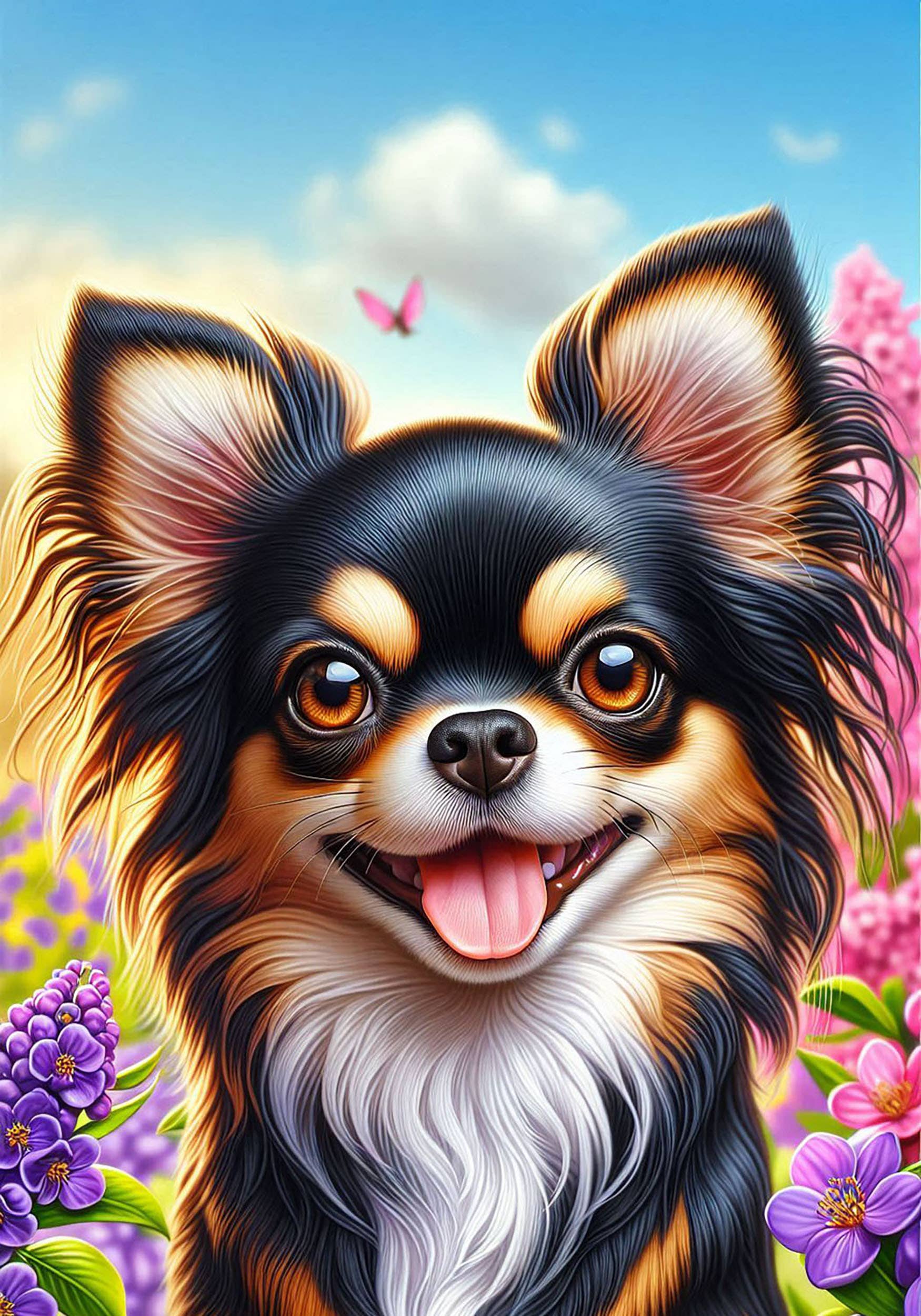 Chihuahua Black and Tan Longhair Colorful Floral Large House Flag