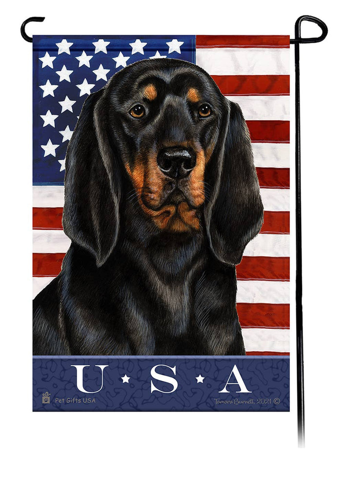 This Coonhound Black & Tan USA American Garden Flag is a testament to the beauty of your favorite breed and the American Flag.