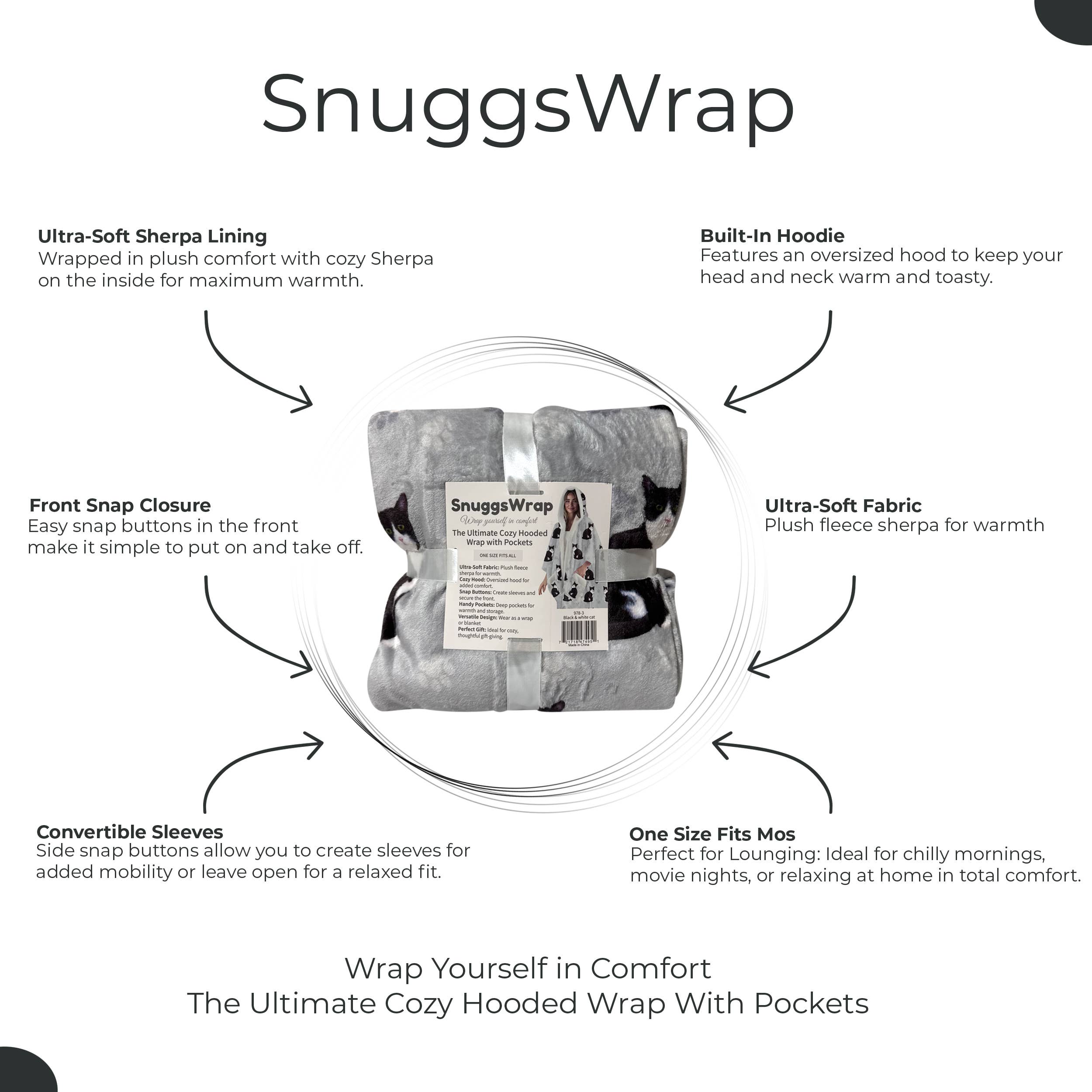 Black & White Cat Snugg Wraps with Hoodie – Ultra Soft Sherpa Fleece Wrap for Pet Lovers