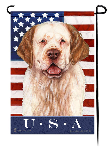 This Clumber Spaniel Orange & White USA American Garden Flag is a testament to the beauty of your favorite breed and the American Flag.