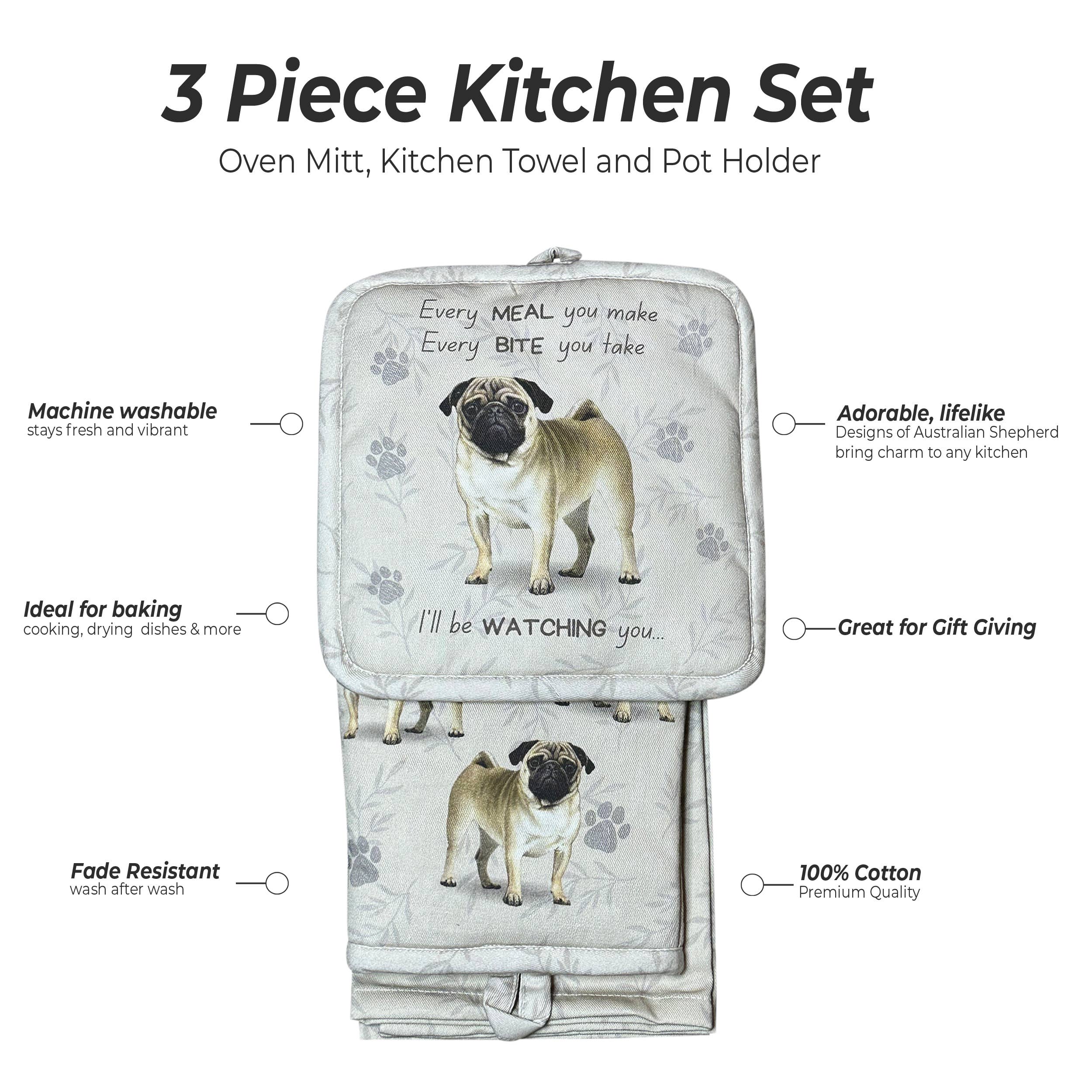 Pug, oven mitt set