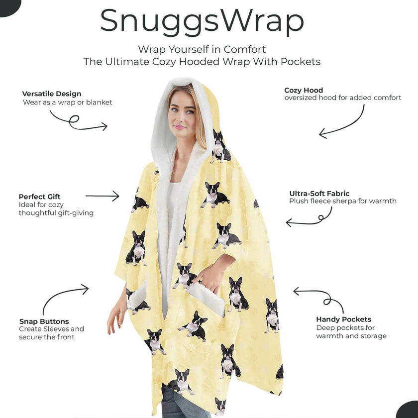 Boston Terrier Snugg Wraps with Hoodie – Ultra Soft Sherpa Fleece Wrap for Pet Lovers
