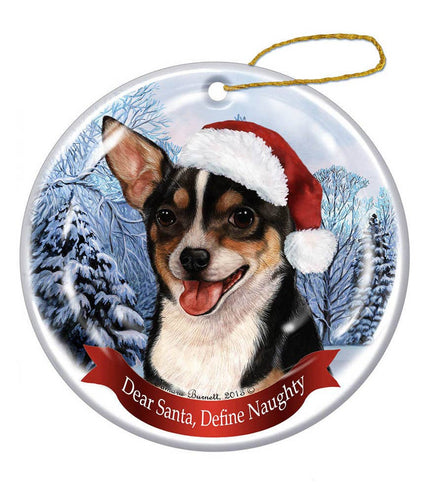 Chihuahua (Shorthair Tri-color) Santa Hat Dog Porcelain  Ornament