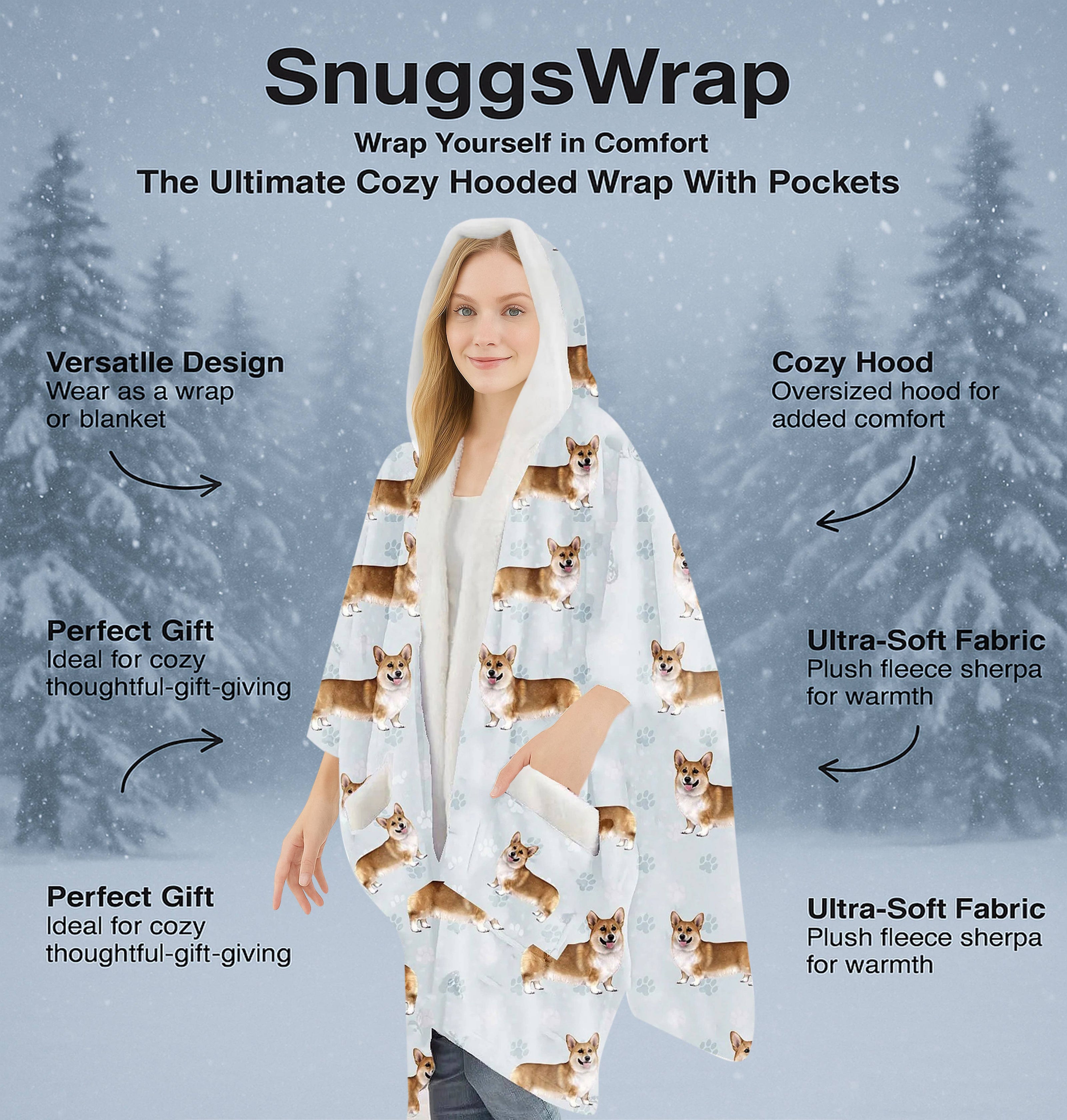 Welsh Corgi Snugg Wraps with Hoodie – Ultra Soft Sherpa Fleece Wrap for Pet Lovers