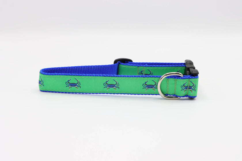 Blue Crab on Green Side Release Buckle Clip Dog Collar