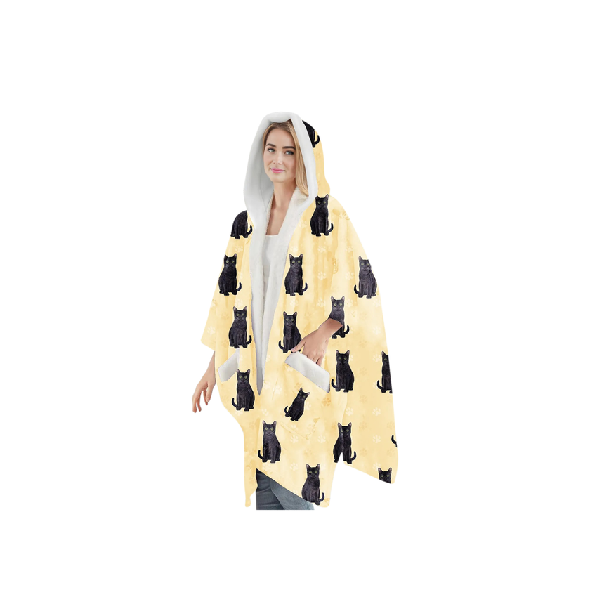 Black Cat Snugg Wraps with Hoodie – Ultra Soft Sherpa Fleece Wrap for Pet Lovers