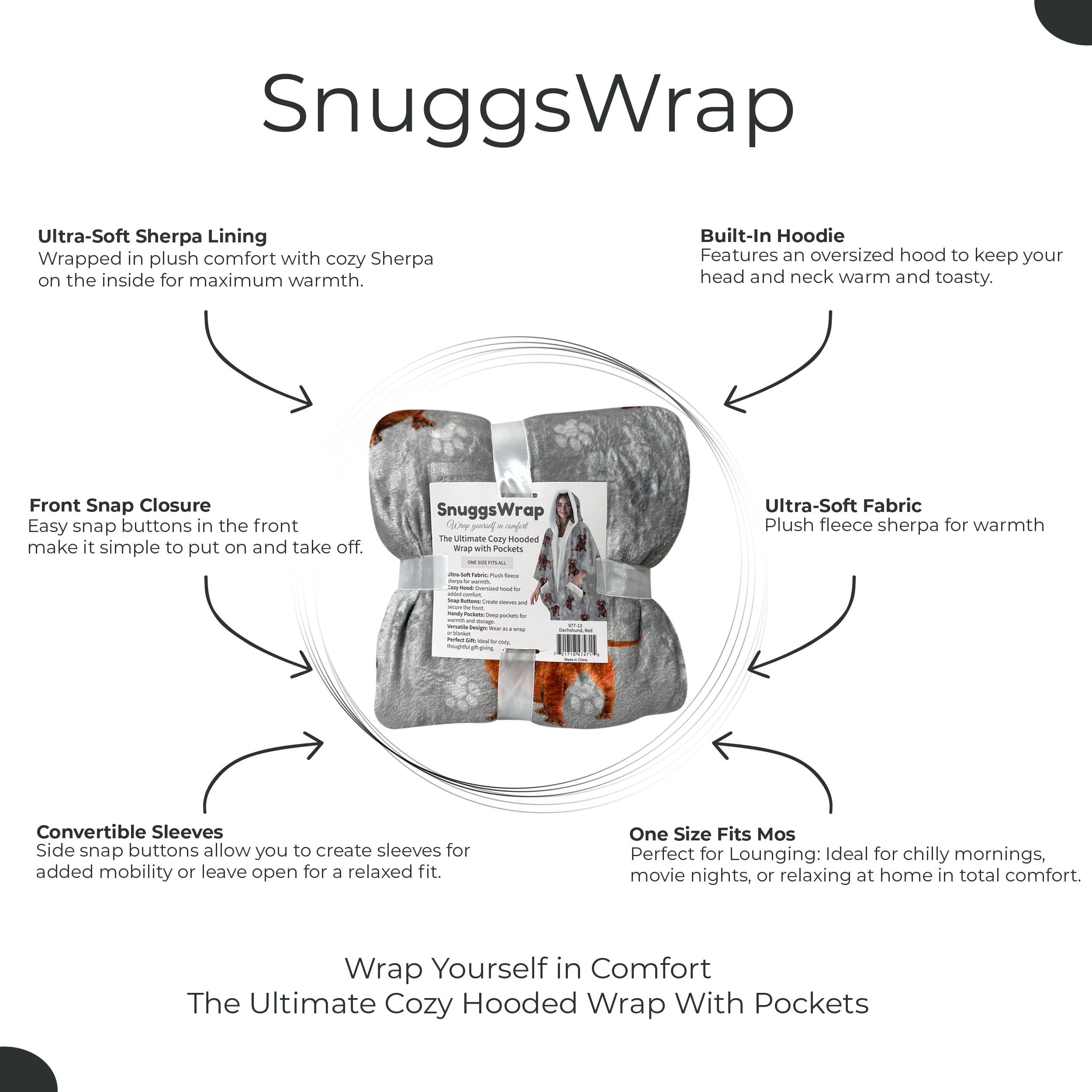Dachshund, Red Snugg Wraps with Hoodie – Ultra Soft Sherpa Fleece Wrap for Pet Lovers