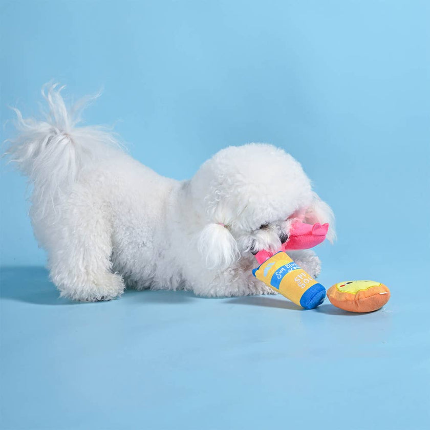 Dog Toy Flsmingo, Sun and Sunscreen Beach Daze Plush Toy Set
