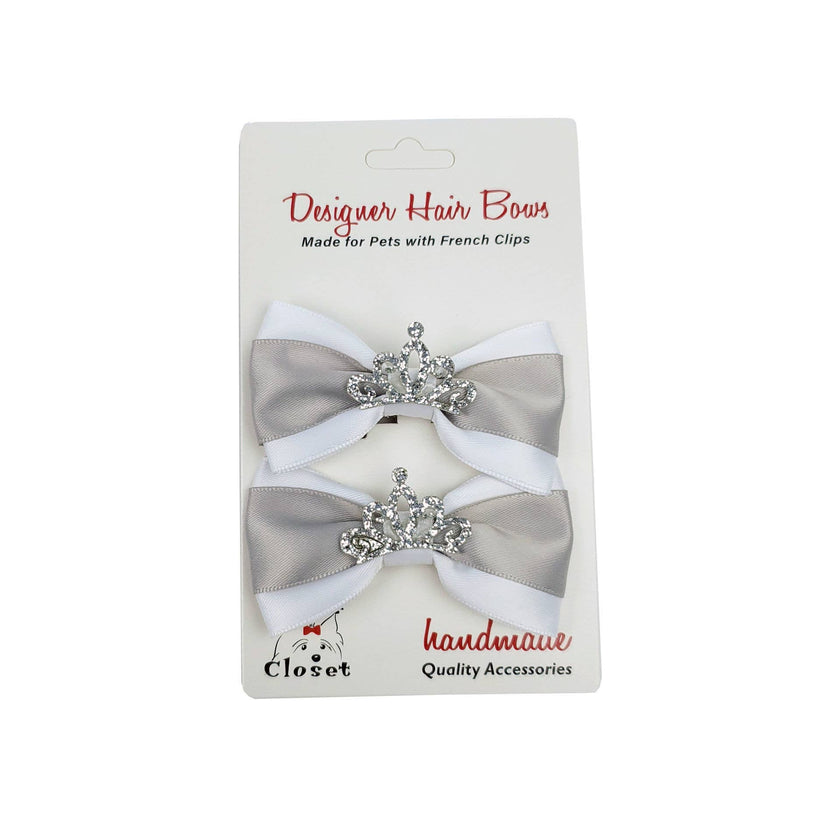 Silver & White with Tiara Dog Hair Bows
