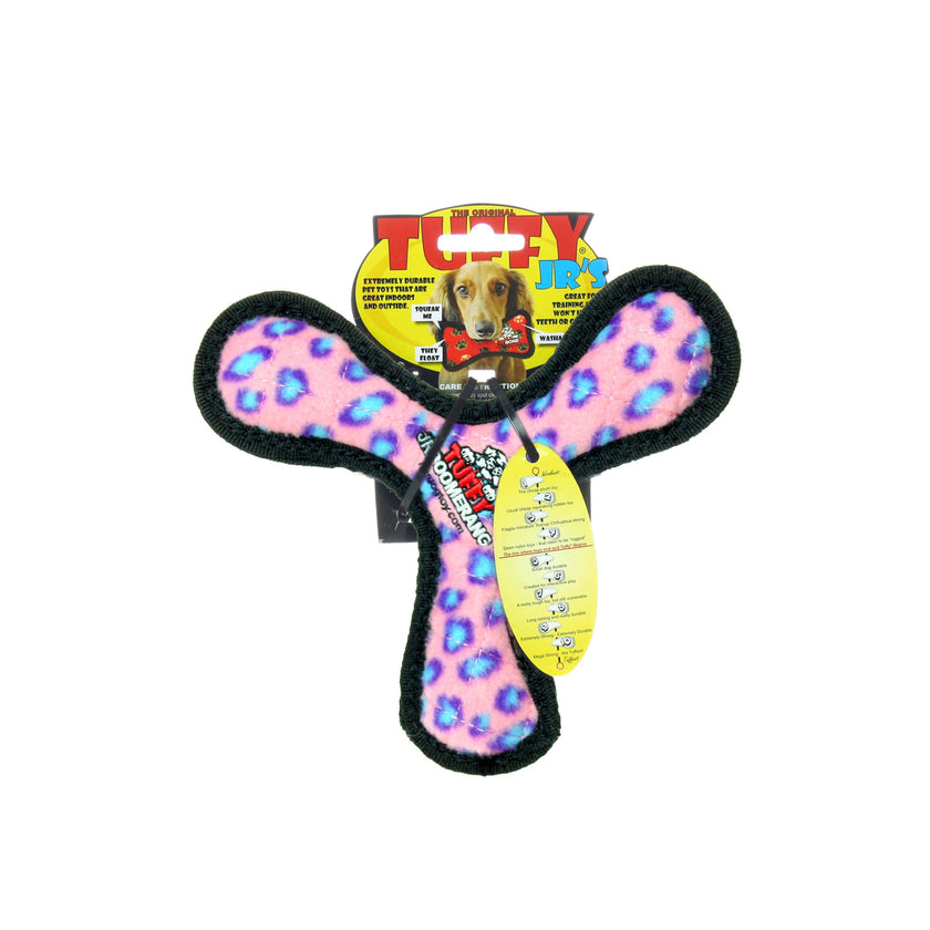 Tuffy Jr Boomerang - Pink Leopard, Durable, Squeaky Dog Toy