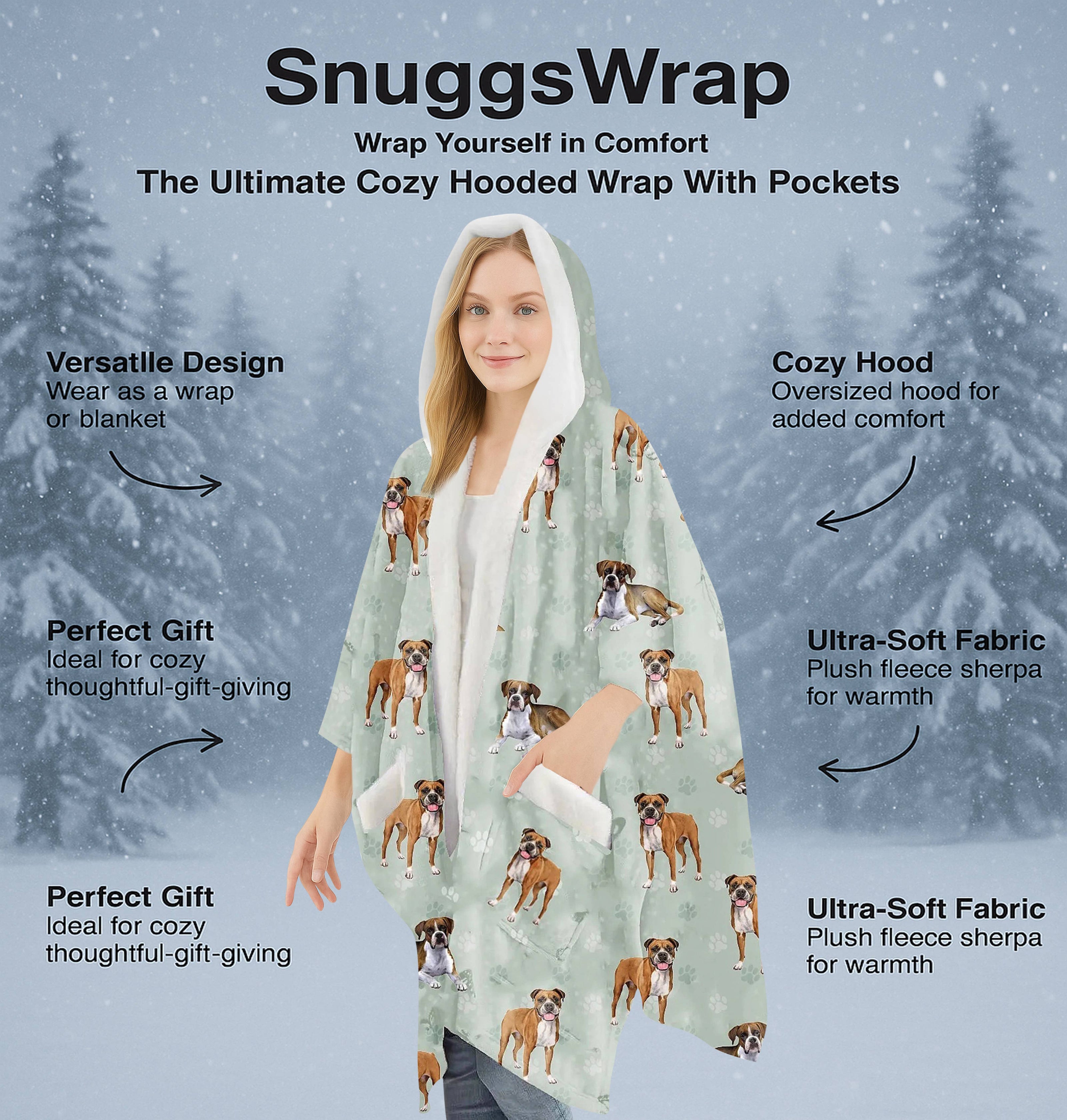 Boxer dog Snugg Wraps with Hoodie – Ultra Soft Sherpa Fleece Wrap for Pet Lovers