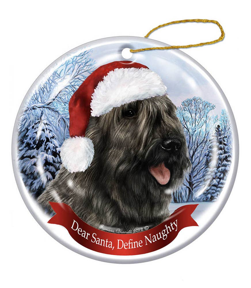 Bouvier (Grey) Santa Hat Dog Porcelain  Ornament