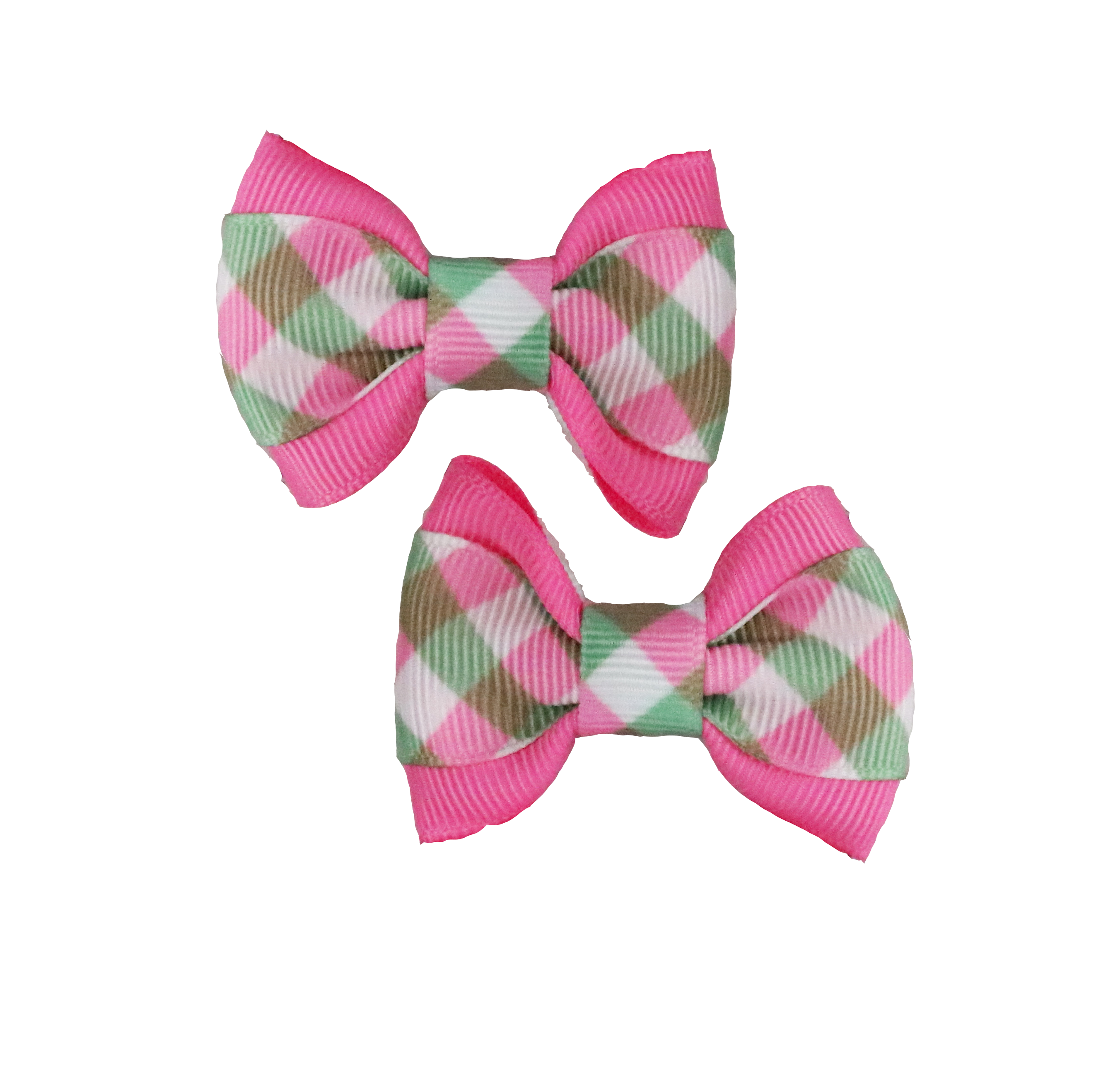 Pink/Green Gingham on Pink Hair Bows - 2 bows per card
