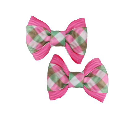 Pink/Green Gingham on Pink Hair Bows - 2 bows per card