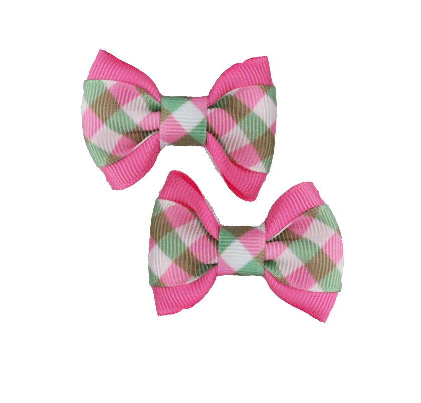 Pink/Green Gingham on Pink Hair Bows - 2 bows per card