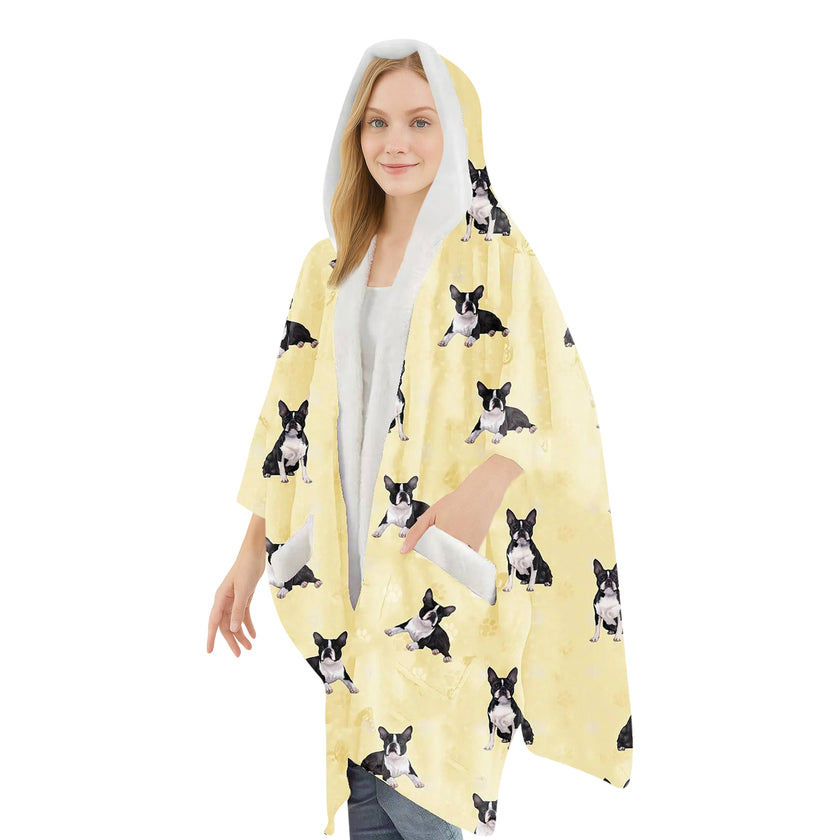 Boston Terrier Snugg Wraps with Hoodie – Ultra Soft Sherpa Fleece Wrap for Pet Lovers