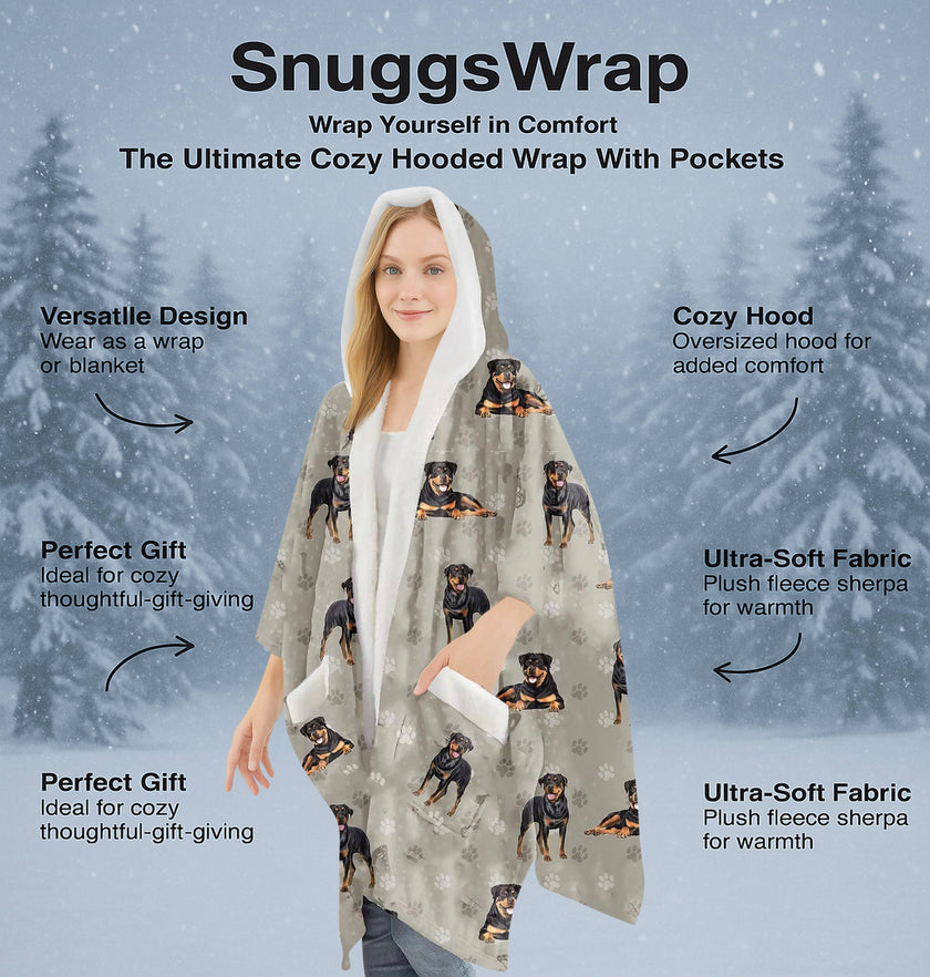 Rottweiler Snugg Wraps with Hoodie – Ultra Soft Sherpa Fleece Wrap for Pet Lovers