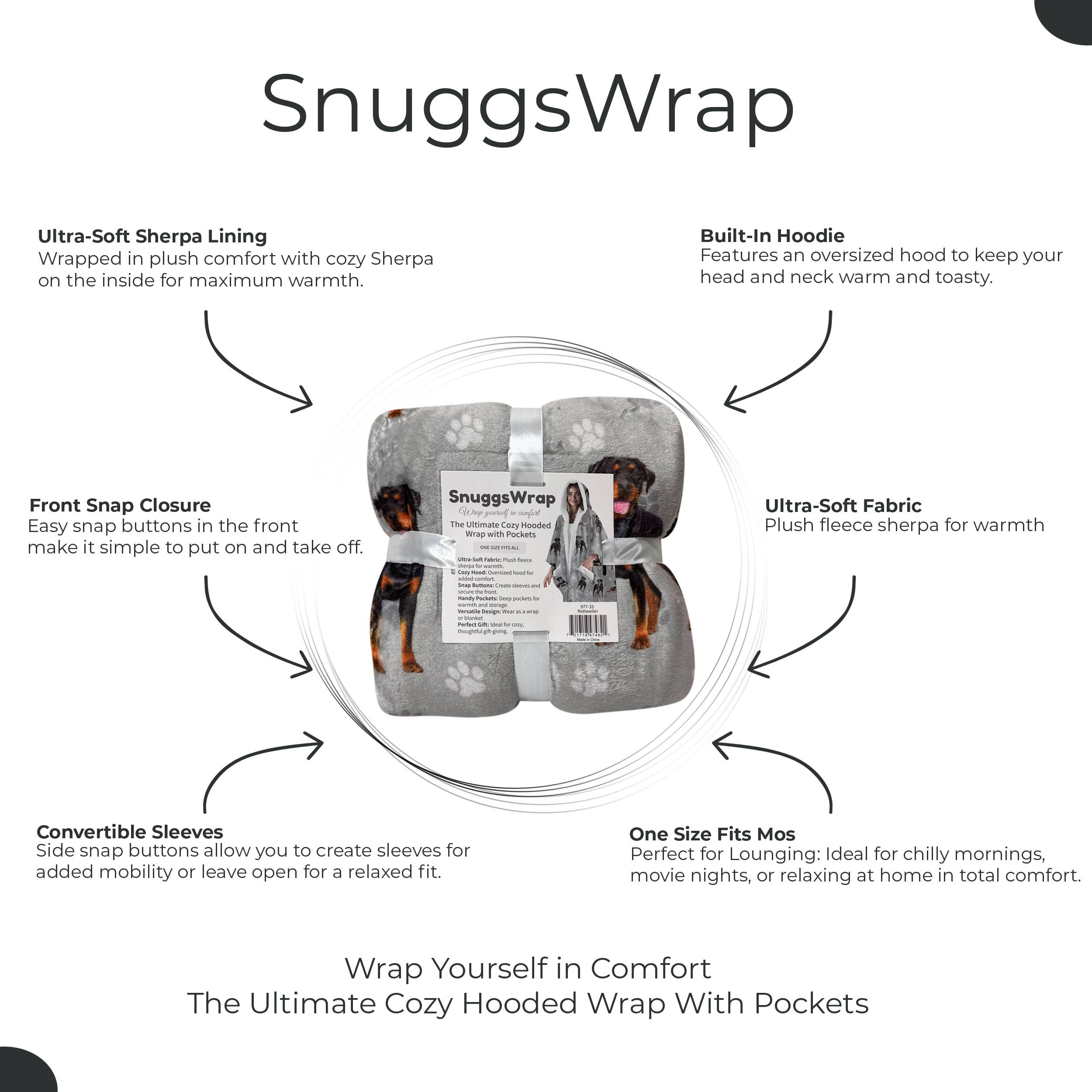 Rottweiler Snugg Wraps with Hoodie – Ultra Soft Sherpa Fleece Wrap for Pet Lovers