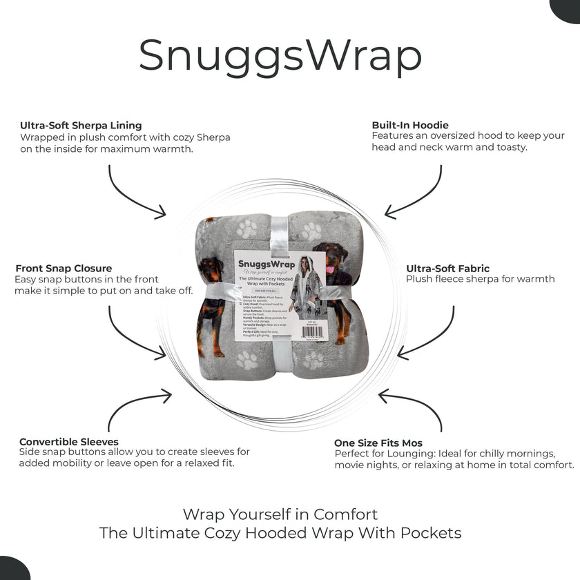Rottweiler Snugg Wraps with Hoodie – Ultra Soft Sherpa Fleece Wrap for Pet Lovers