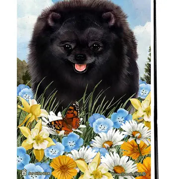 Pomeranian, Black Garden Flag (Summer Flowers)