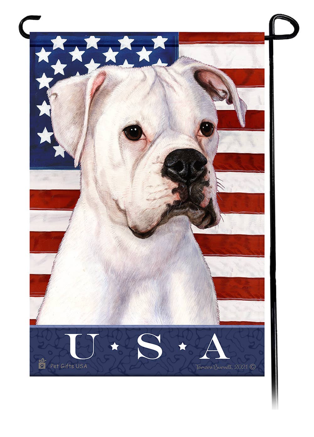 This Boxer White Uncropped USA American Garden Flag is a testament to the beauty of your favorite breed and the American Flag.