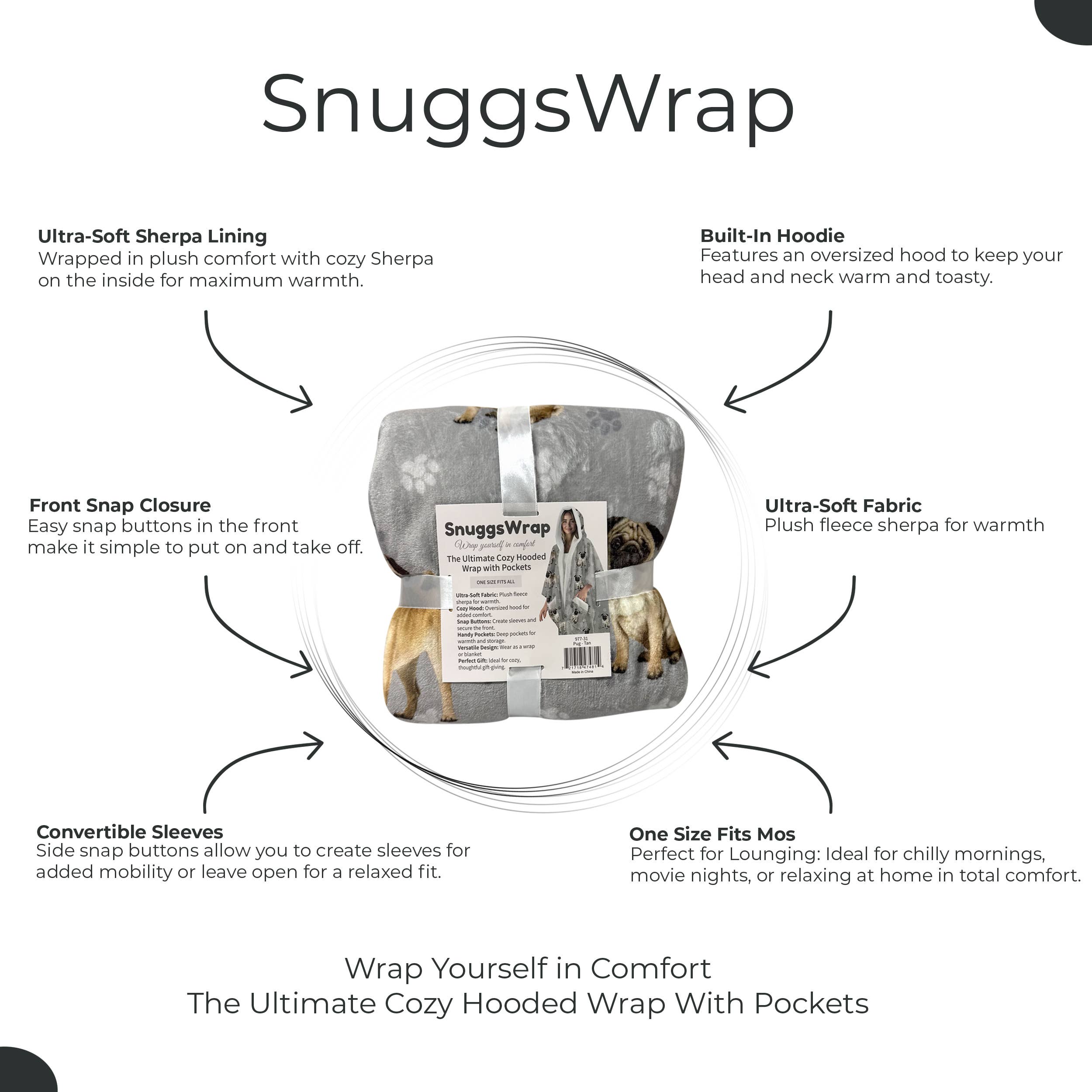 Pug Snugg Wraps with Hoodie – Ultra Soft Sherpa Fleece Wrap for Pet Lovers
