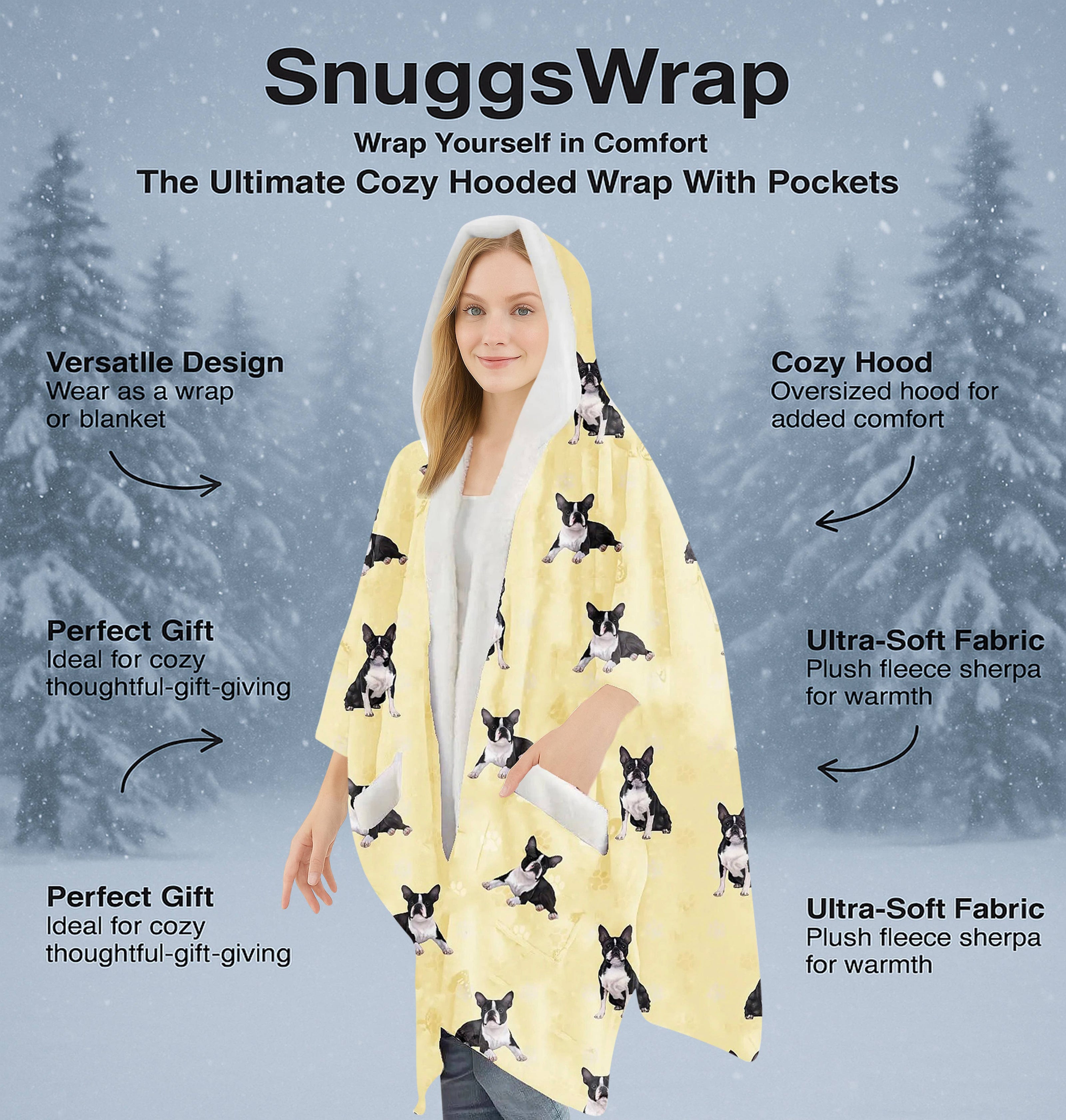 Boston Terrier Snugg Wraps with Hoodie – Ultra Soft Sherpa Fleece Wrap for Pet Lovers