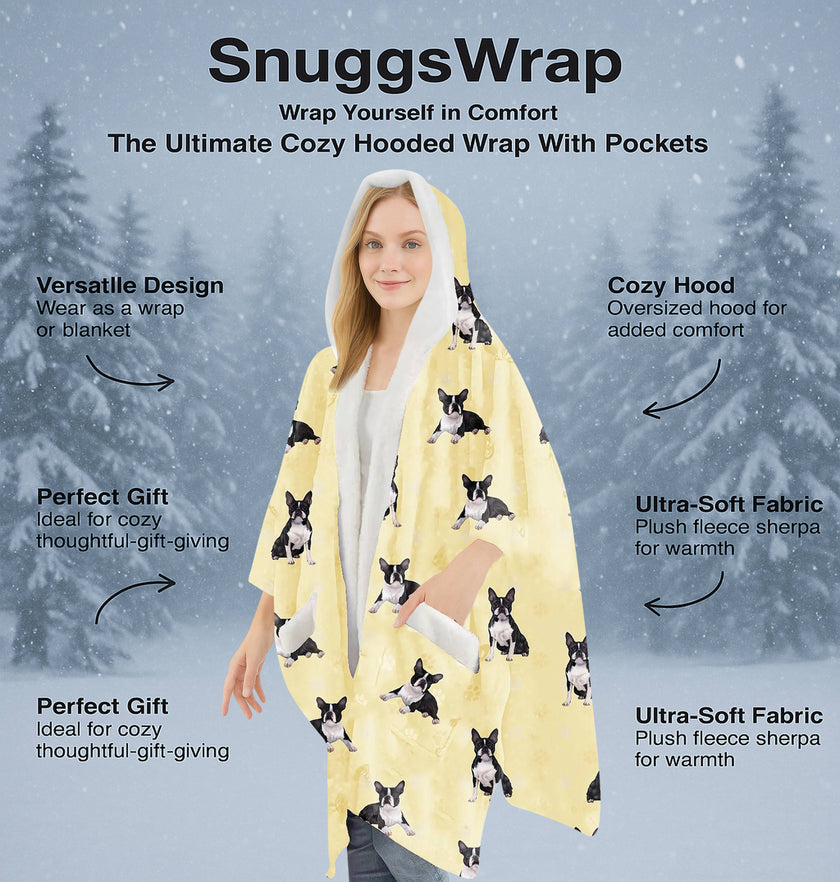 Boston Terrier Snugg Wraps with Hoodie – Ultra Soft Sherpa Fleece Wrap for Pet Lovers