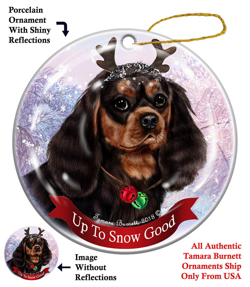 Cavalier King Charles Blk/Tan Santa Hat Dog Porcelain  Ornament