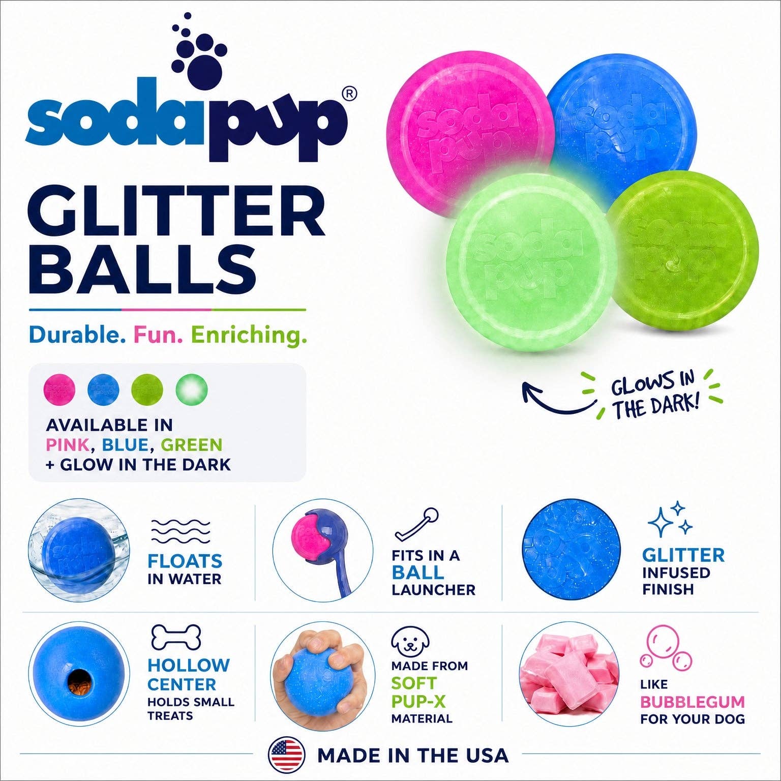 Glow in the Dark Glitter Ball 2-Pack Dog Toy Soft PUP-X Rubber Floating Fetch Ball with Treat Dispenser