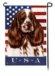 This Cocker Spaniel Choc & Wh Part USA American Garden Flag is a testament to the beauty of your favorite breed and the American Flag.