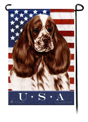 This Cocker Spaniel Choc & Wh Part USA American Garden Flag is a testament to the beauty of your favorite breed and the American Flag.