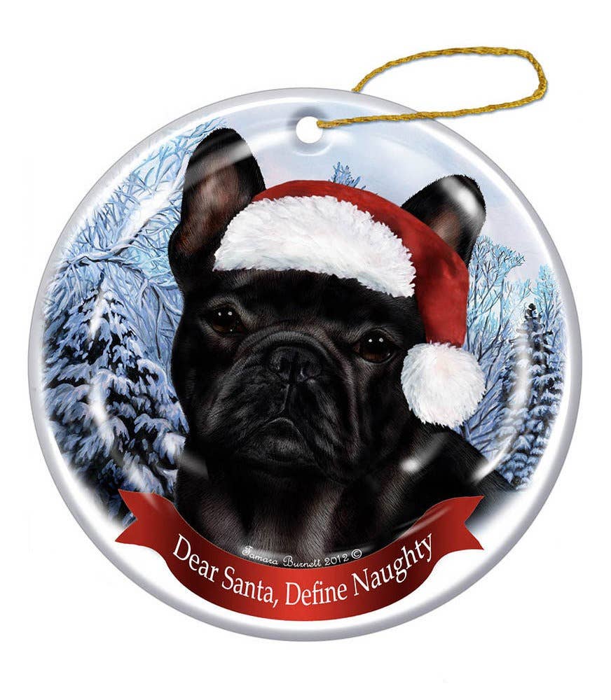 French Bulldog (Black) Santa Hat Dog Porcelain  Ornament