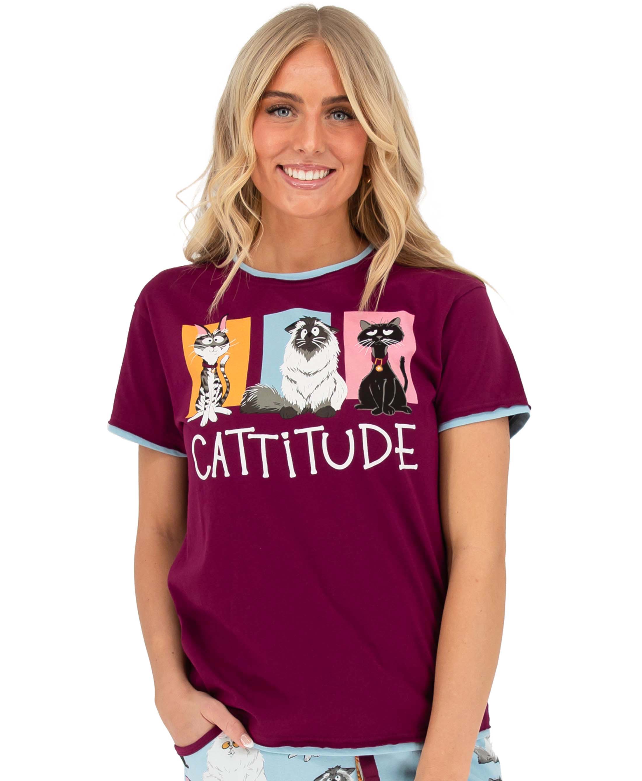 PJ Tee Catitude Blue Women's Regular Fit PJ Shirt