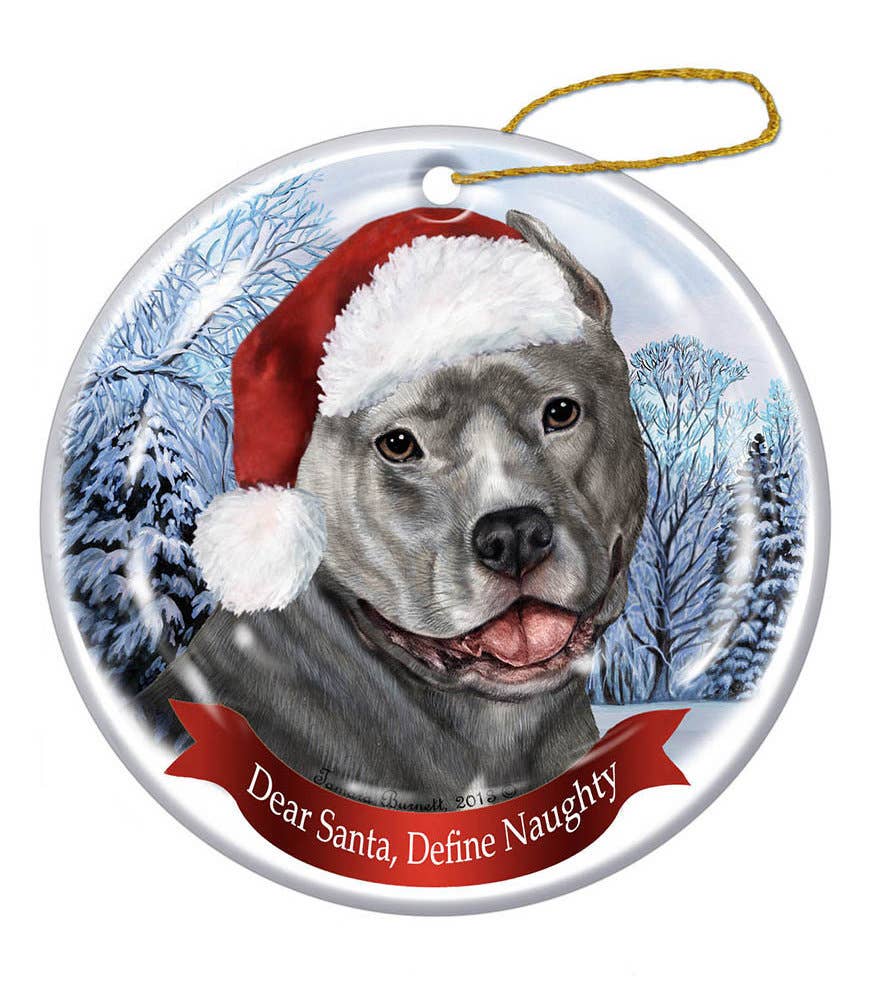Pit Bull (Cropped Blue) Santa Hat Dog Porcelain  Ornament