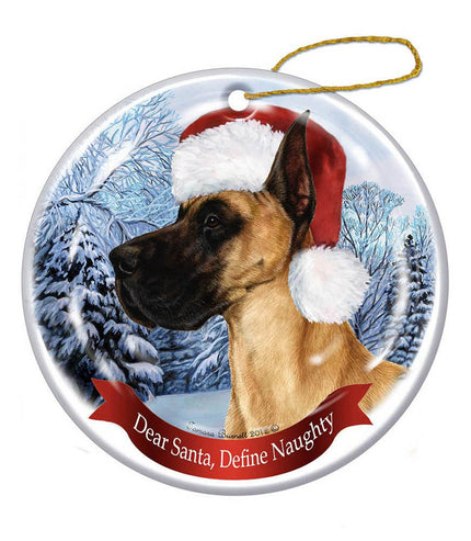 Great Dane (Cropped) Fawn Santa Hat Dog Porcelain  Ornament