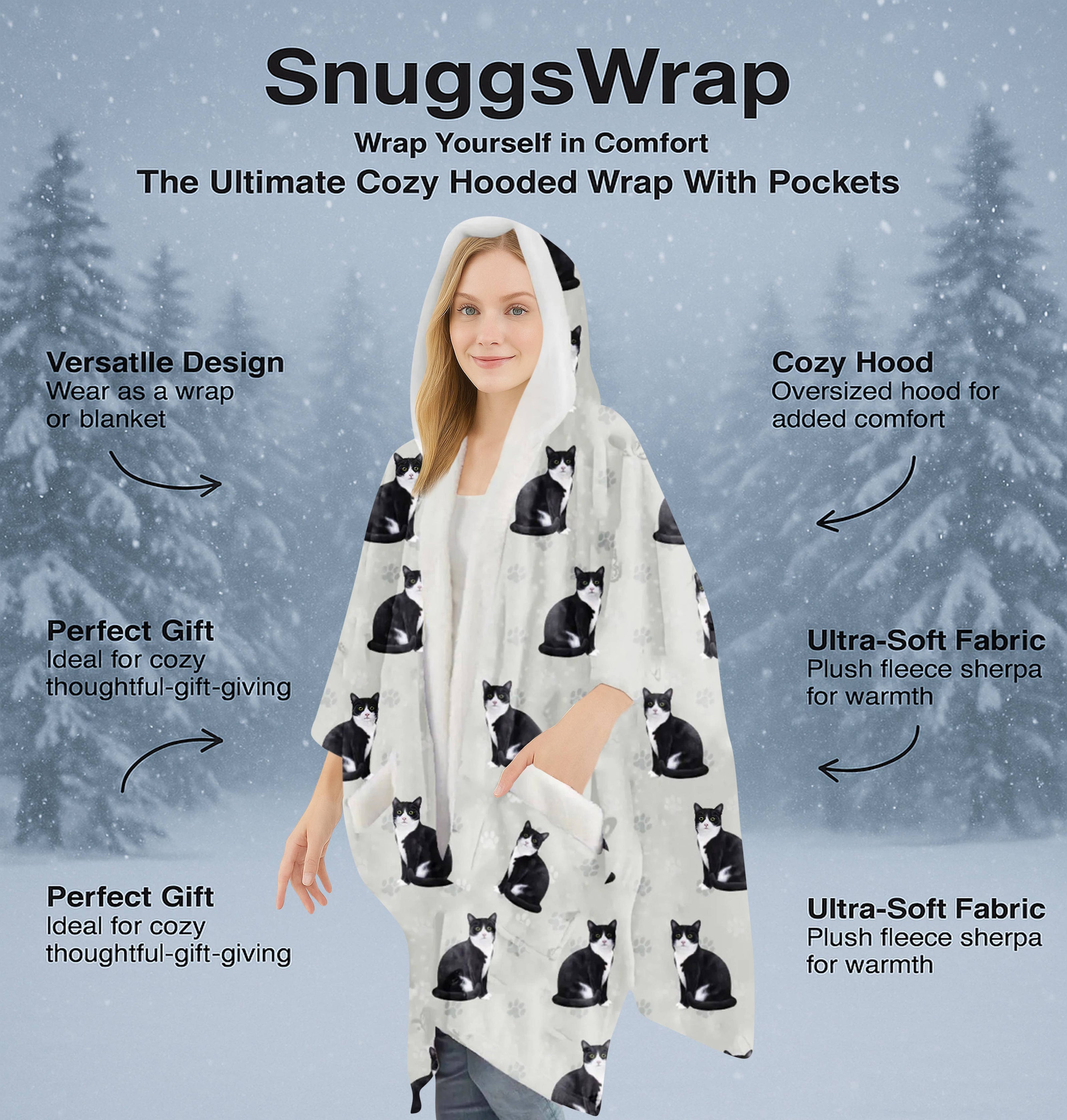 Black & White Cat Snugg Wraps with Hoodie – Ultra Soft Sherpa Fleece Wrap for Pet Lovers