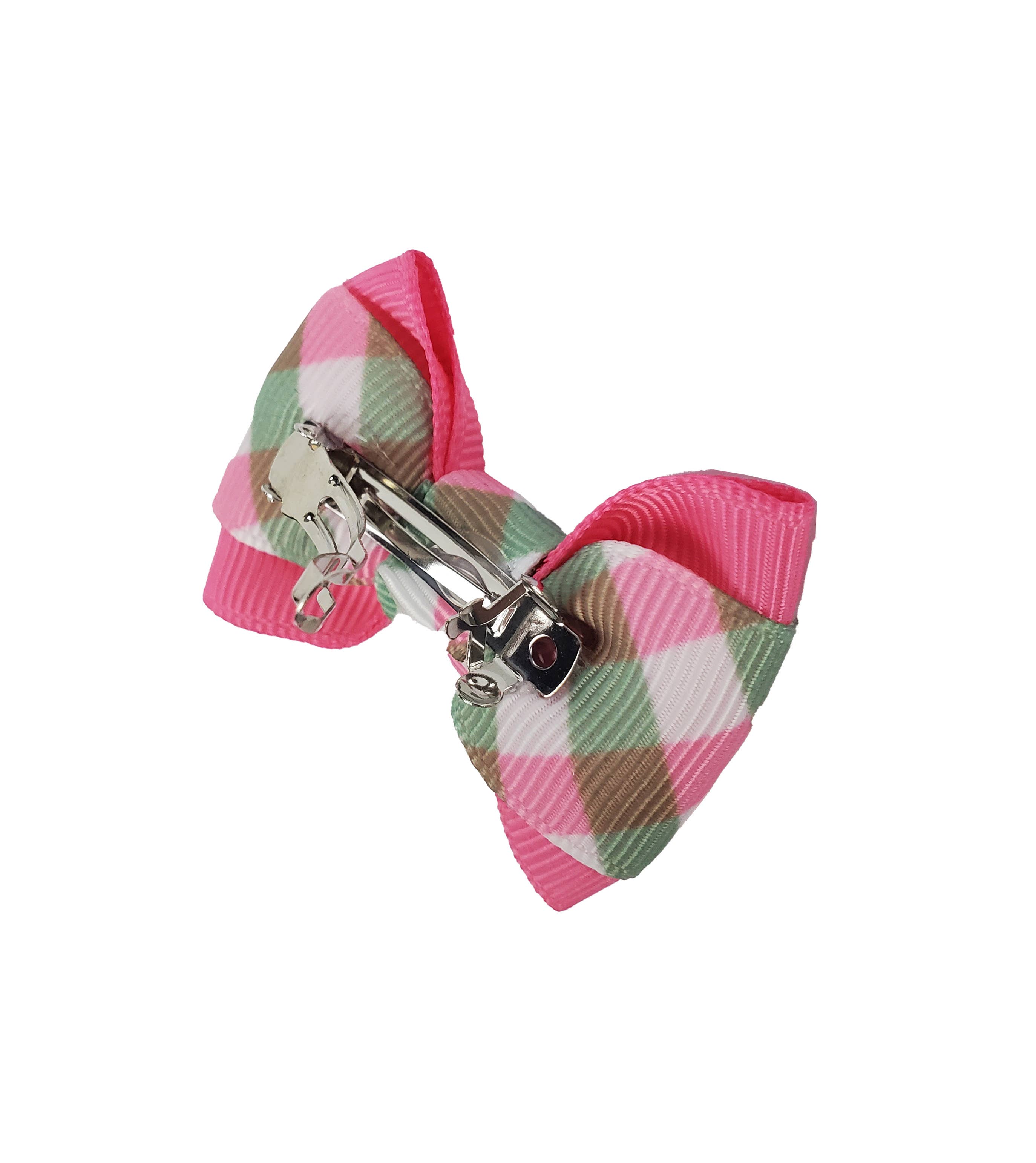 Pink/Green Gingham on Pink Hair Bows - 2 bows per card