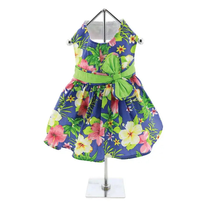 Blue Lagoon Hawaiian Hibiscus Dog Dress w/ Matching Leash