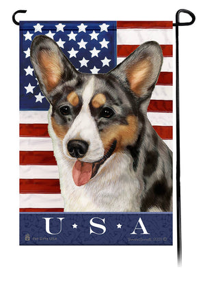 This Corgi Cardigan Blue Merle USA American Garden Flag is a testament to the beauty of your favorite breed and the American Flag.