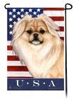 This Tibetan Spaniel Cream USA American Garden Flag is a testament to the beauty of your favorite breed and the American Flag.