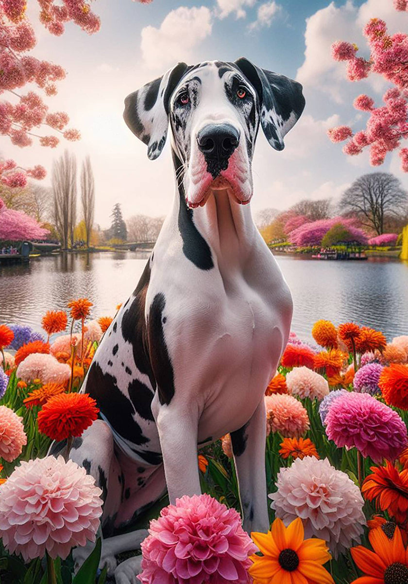 Great Dane Harlequin Uncropped Sitting Colorful Spring Large House Flag