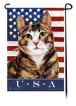 This Tuxedo Tortoiseshell & White USA American Garden Flag is a testament to the beauty of your favorite breed and the American Flag.