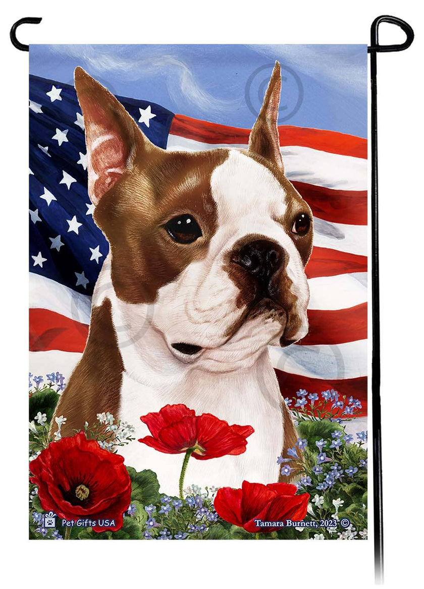 Boston Terrier Brown and White Patriotic Flowers Garden Flag