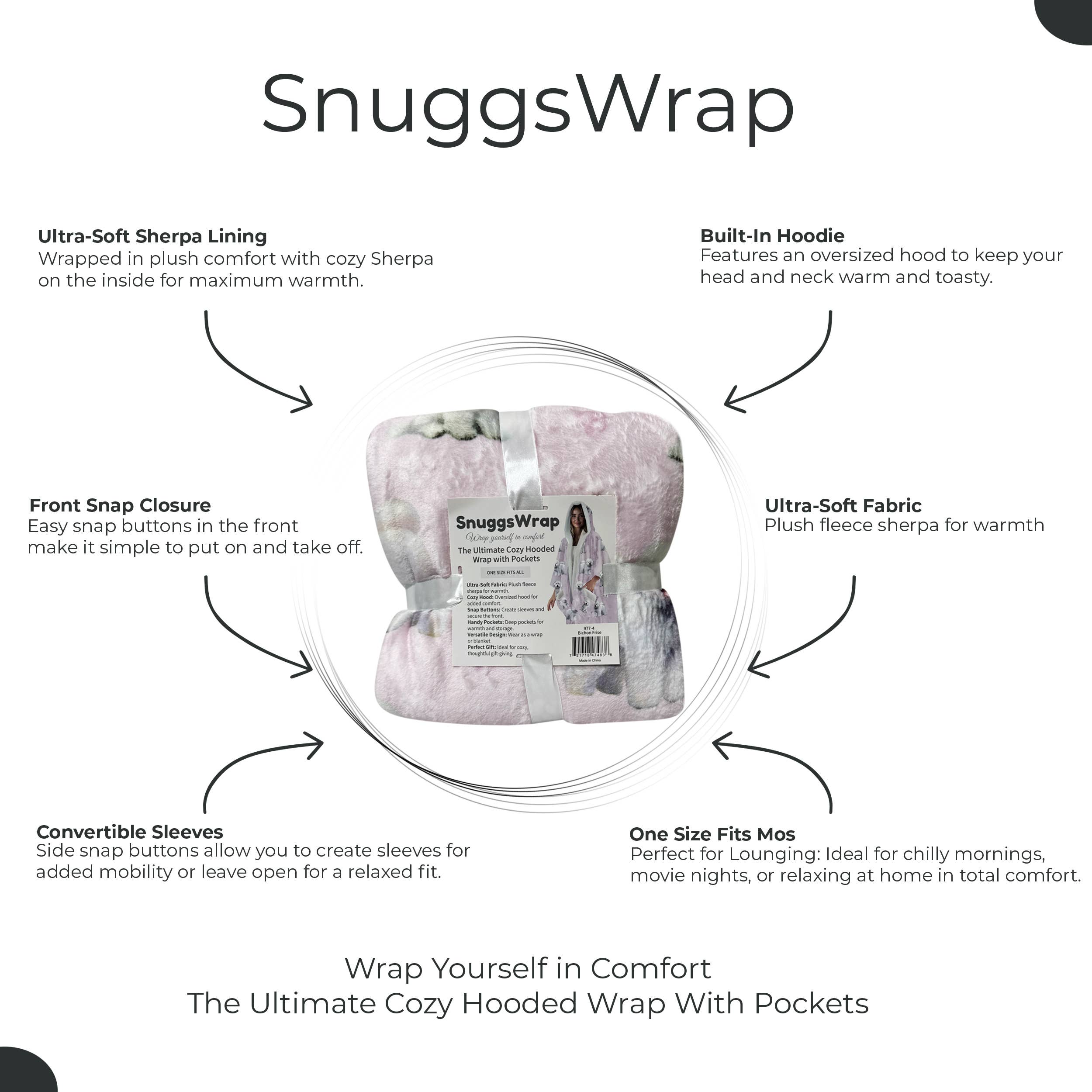 Bichon Frise Snugg Wraps with Hoodie – Ultra Soft Sherpa Fleece Wrap for Pet Lovers
