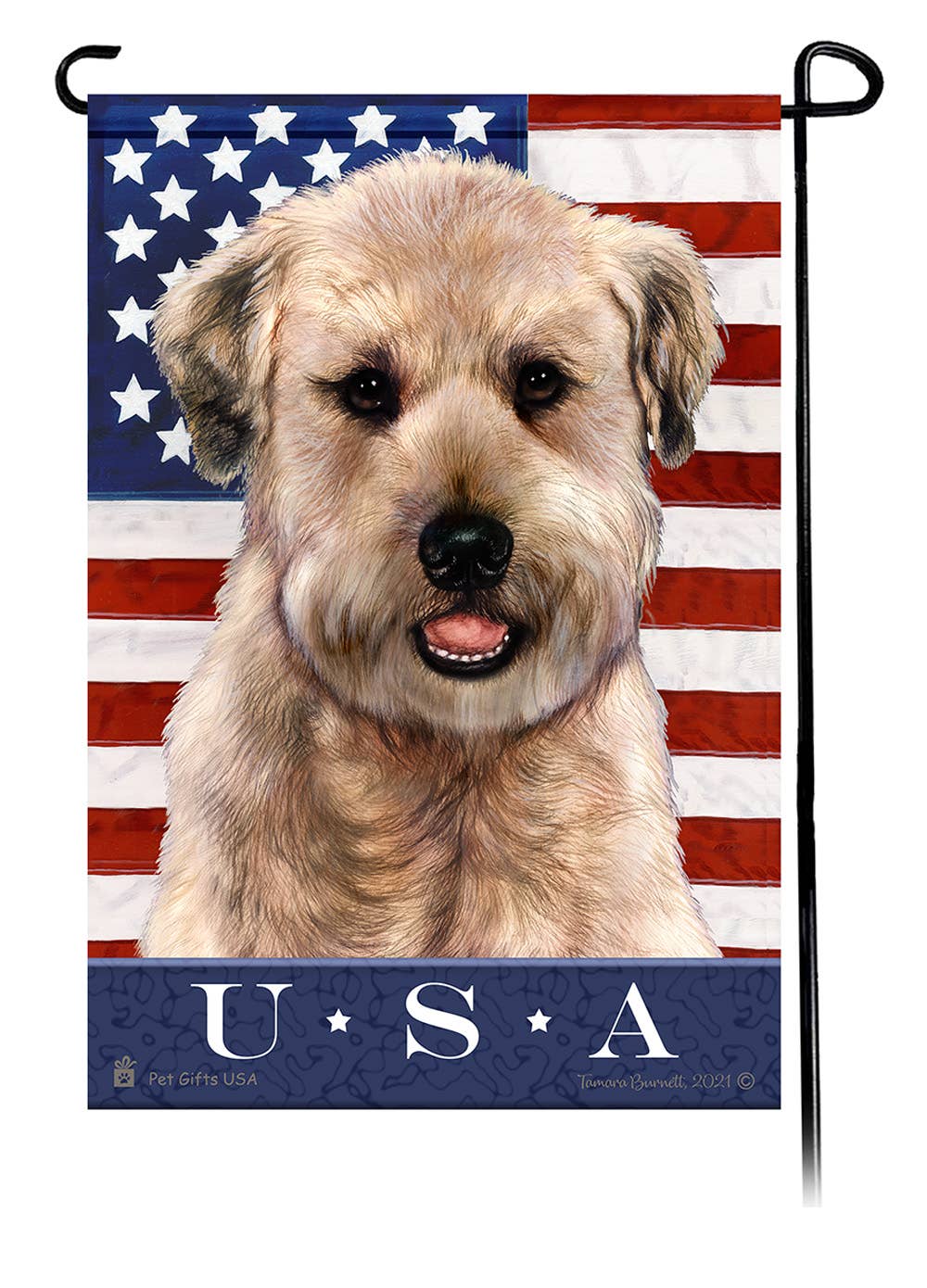 This Soft Coated Wheaten Puppy Cut USA American Garden Flag is a testament to the beauty of your favorite breed and the American Flag. 