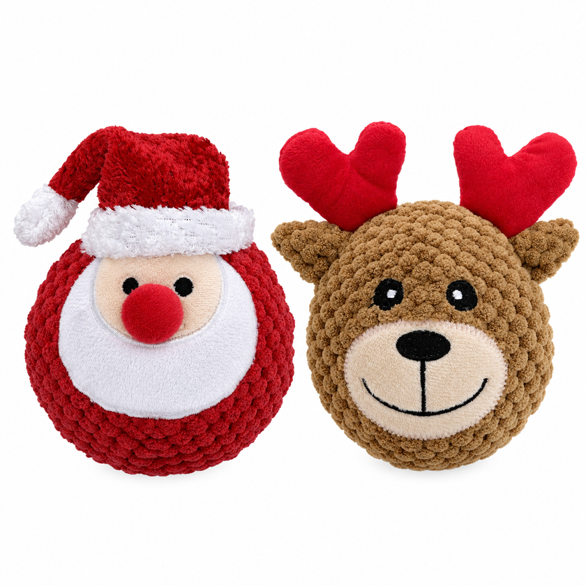 Dog Toy Santa & Reindeer Christmas EZ Squeaky Floating Twin Pack Ball Toy Set