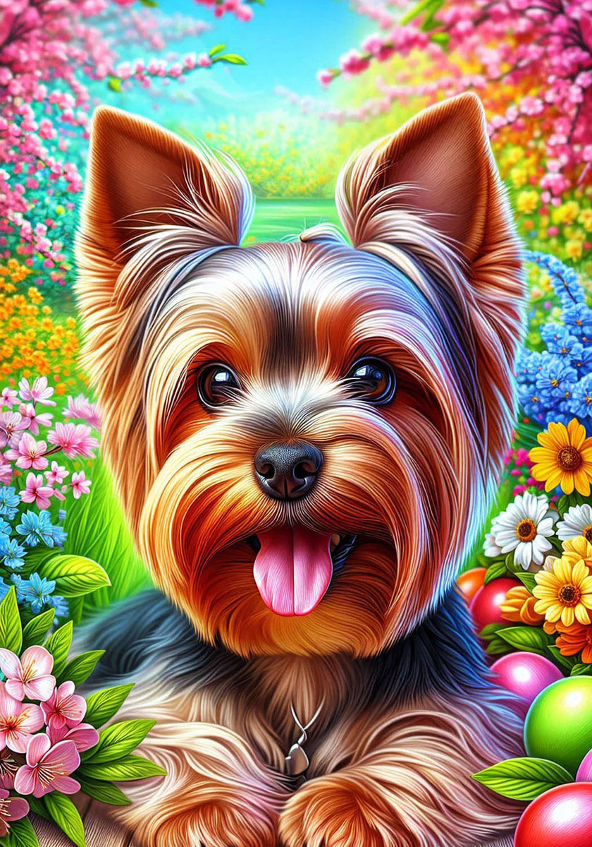 Yorkie Puppy Cut Colorful Floral Large House Flag