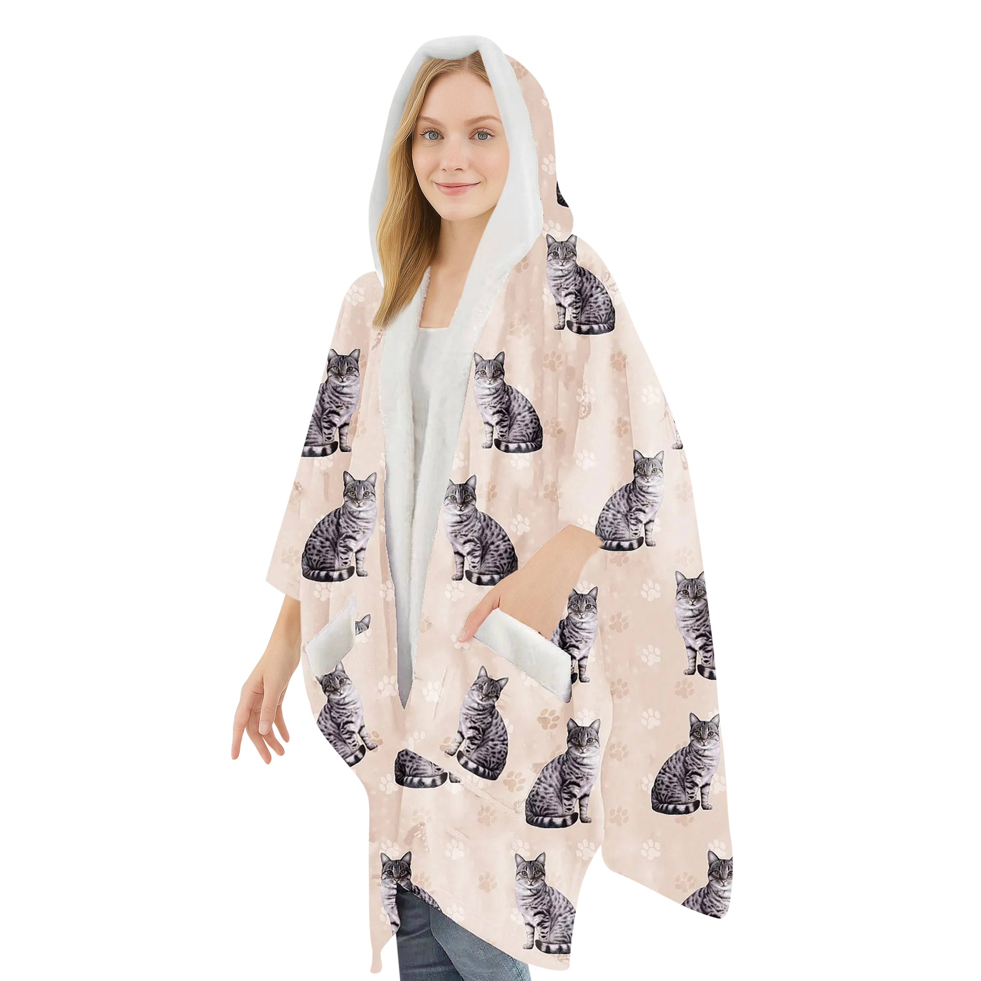 Silver Tabby Snugg Wraps with Hoodie – Ultra Soft Sherpa Fleece Wrap for Pet Lovers