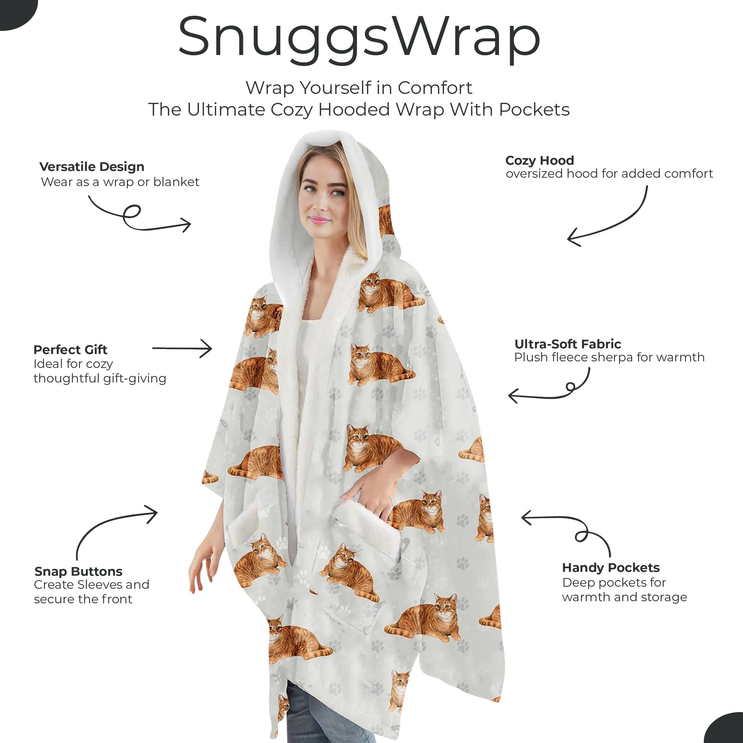 Tabby Orange Snugg Wraps with Hoodie – Ultra Soft Sherpa Fleece Wrap for Pet Lovers